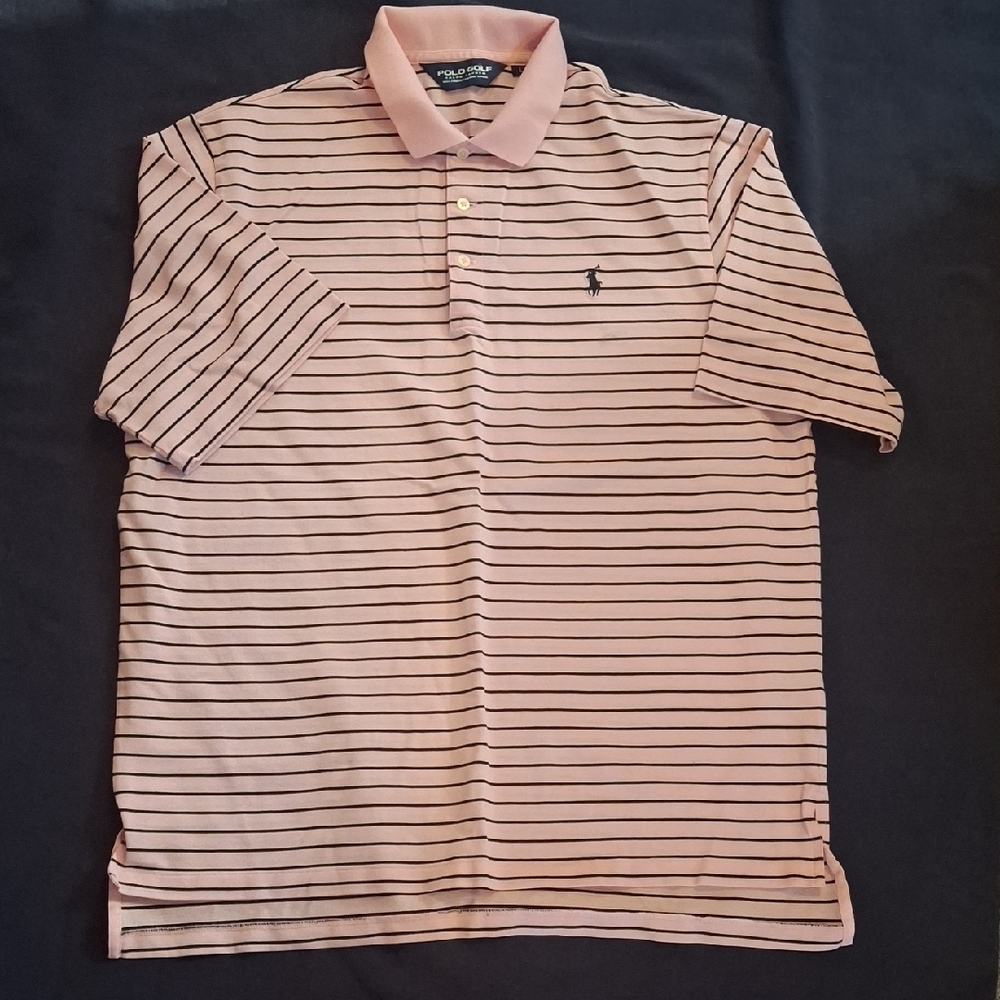 Polo by Ralph Lauren Men's Pink and Navy Striped Polo Shirt
